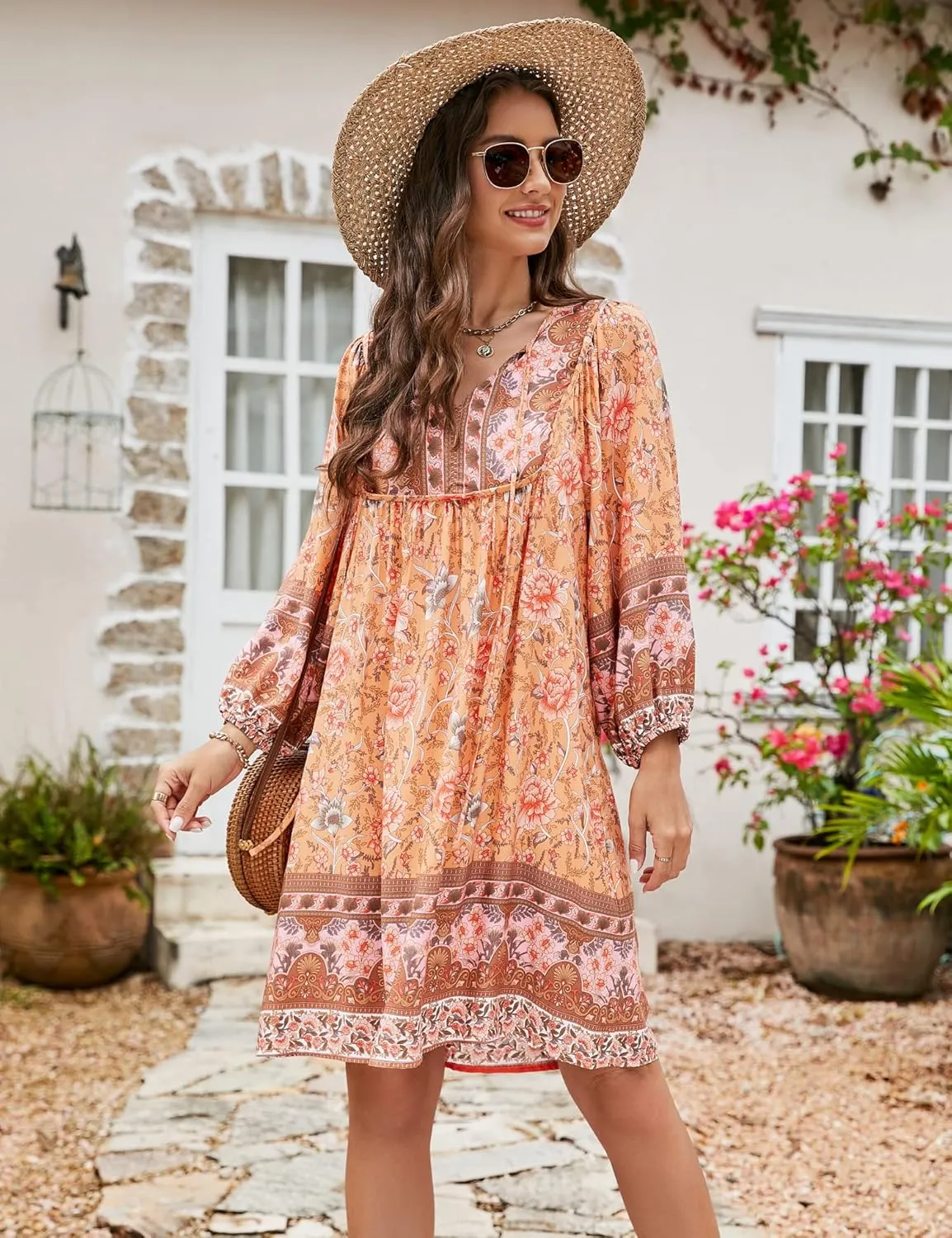 Bluetime Women Casual Summer Dress Boho V Neck 3/4 Sleeve Babydoll Floral Print Flowy Beach Dress