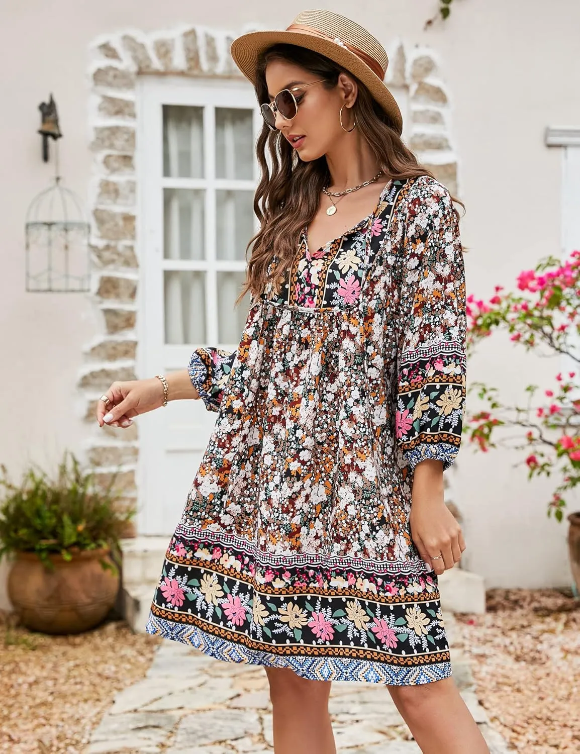 Bluetime Women Casual Summer Dress Boho V Neck 3/4 Sleeve Babydoll Floral Print Flowy Beach Dress