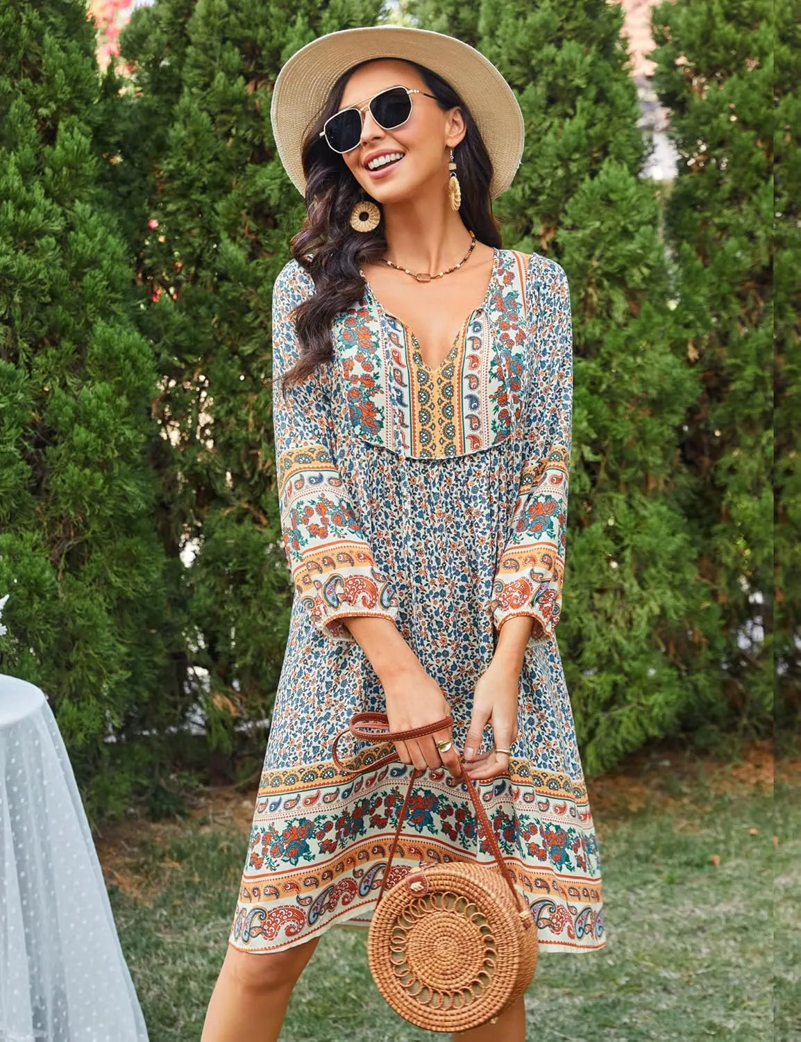 Bluetime Women Casual Summer Dress Boho V Neck 3/4 Sleeve Babydoll Floral Print Flowy Beach Dress