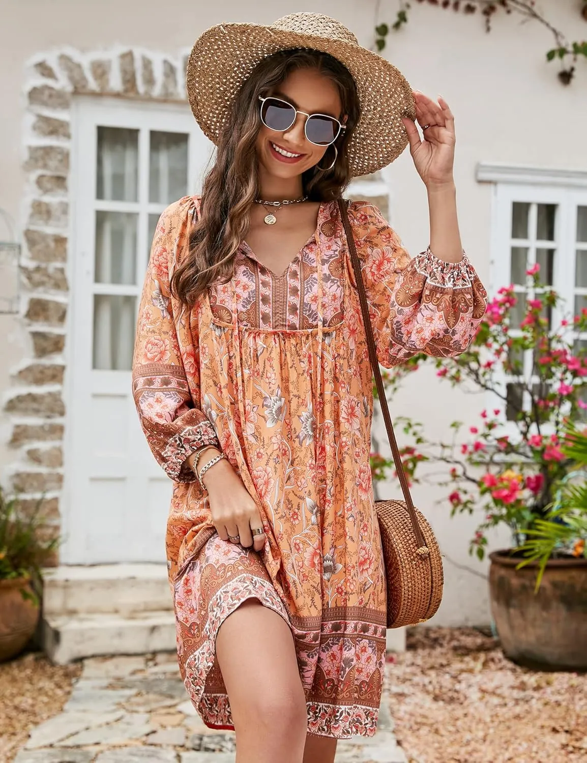 Bluetime Women Casual Summer Dress Boho V Neck 3/4 Sleeve Babydoll Floral Print Flowy Beach Dress