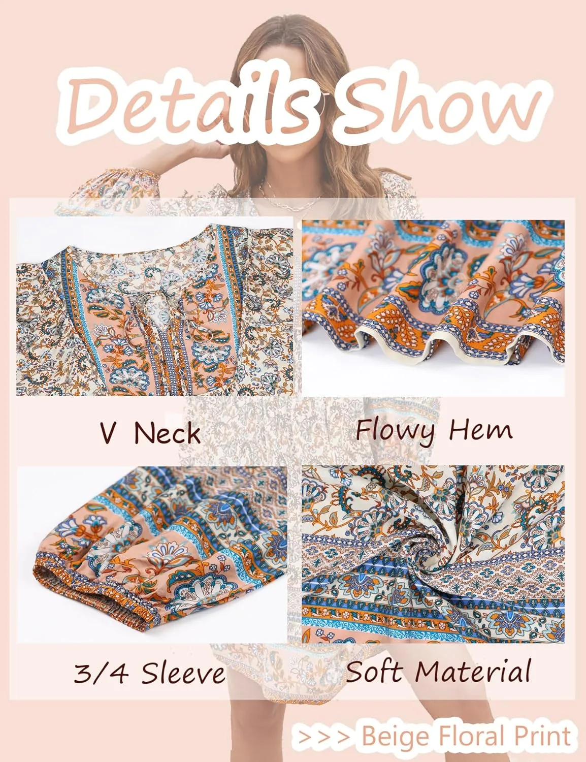 Bluetime Women Casual Summer Dress Boho V Neck 3/4 Sleeve Babydoll Floral Print Flowy Beach Dress