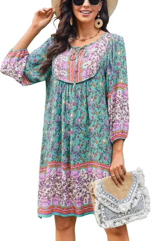 Bluetime Women Casual Summer Dress Boho V Neck 3/4 Sleeve Babydoll Floral Print Flowy Beach Dress