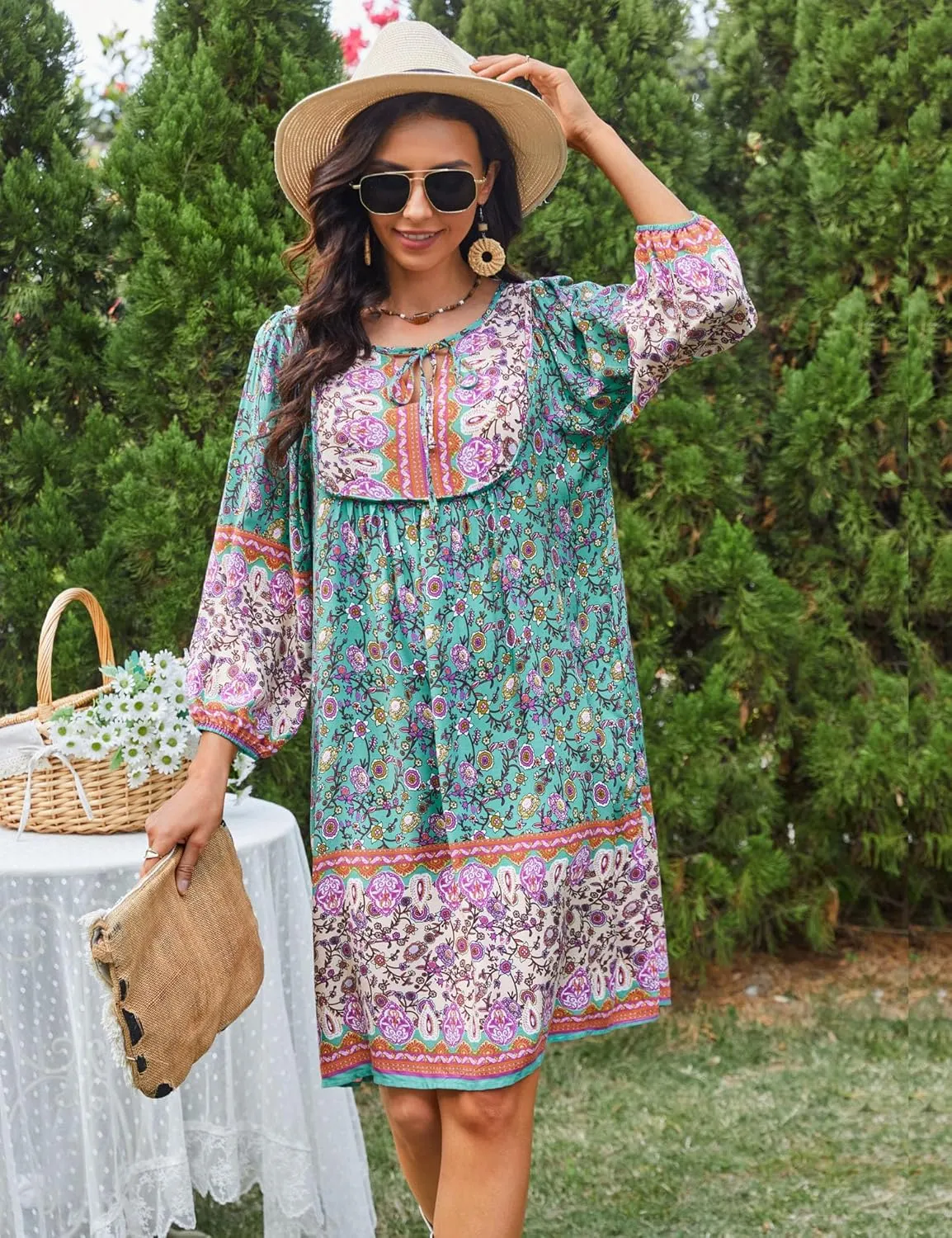 Bluetime Women Casual Summer Dress Boho V Neck 3/4 Sleeve Babydoll Floral Print Flowy Beach Dress
