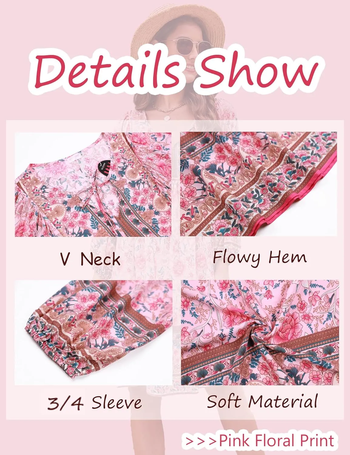 Bluetime Women Casual Summer Dress Boho V Neck 3/4 Sleeve Babydoll Floral Print Flowy Beach Dress