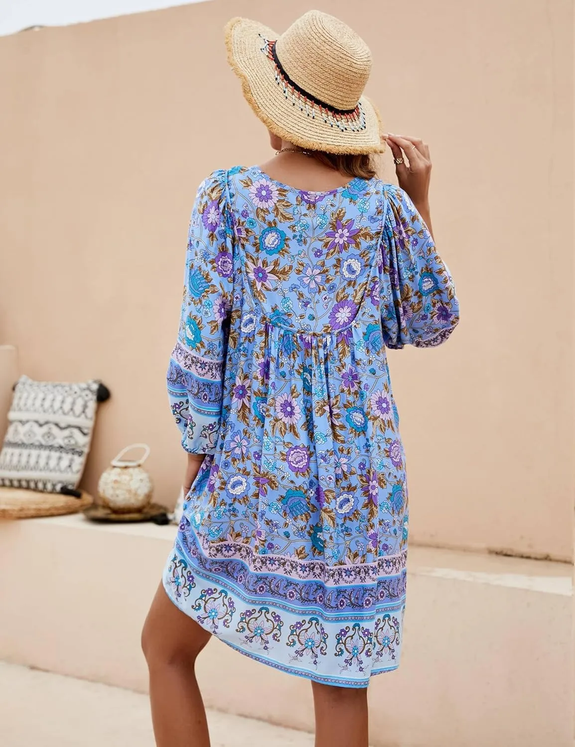Bluetime Women Casual Summer Dress Boho V Neck 3/4 Sleeve Babydoll Floral Print Flowy Beach Dress