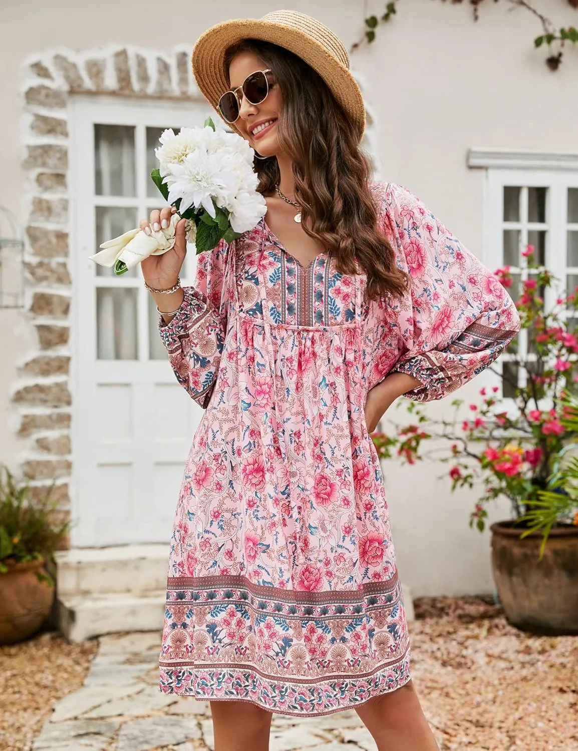 Bluetime Women Casual Summer Dress Boho V Neck 3/4 Sleeve Babydoll Floral Print Flowy Beach Dress
