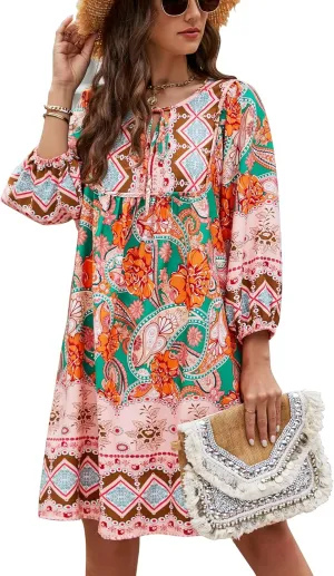Bluetime Women Casual Summer Dress Boho V Neck 3/4 Sleeve Babydoll Floral Print Flowy Beach Dress