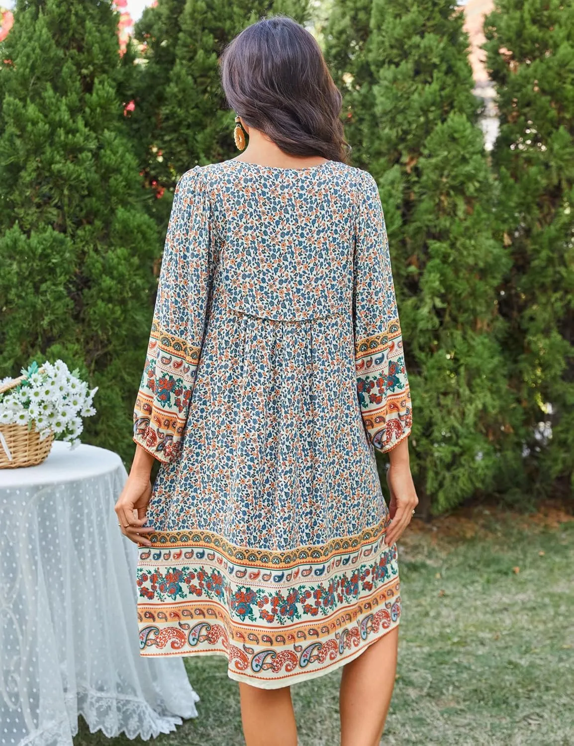 Bluetime Women Casual Summer Dress Boho V Neck 3/4 Sleeve Babydoll Floral Print Flowy Beach Dress