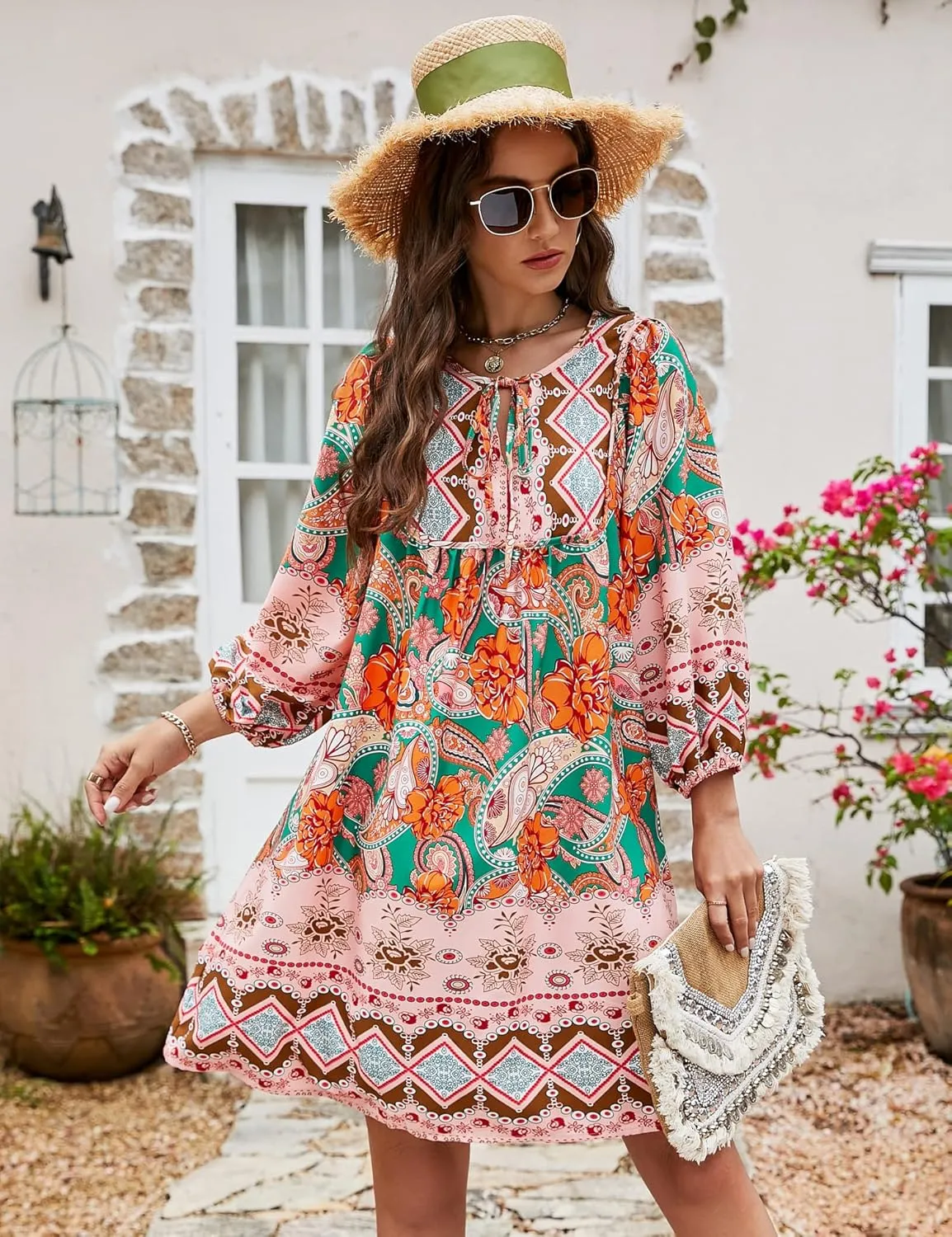 Bluetime Women Casual Summer Dress Boho V Neck 3/4 Sleeve Babydoll Floral Print Flowy Beach Dress