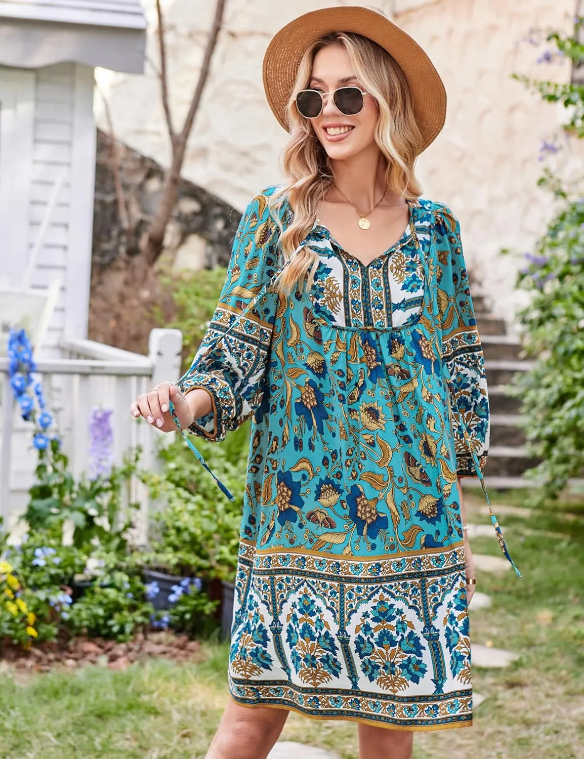 Bluetime Women Casual Summer Dress Boho V Neck 3/4 Sleeve Babydoll Floral Print Flowy Beach Dress