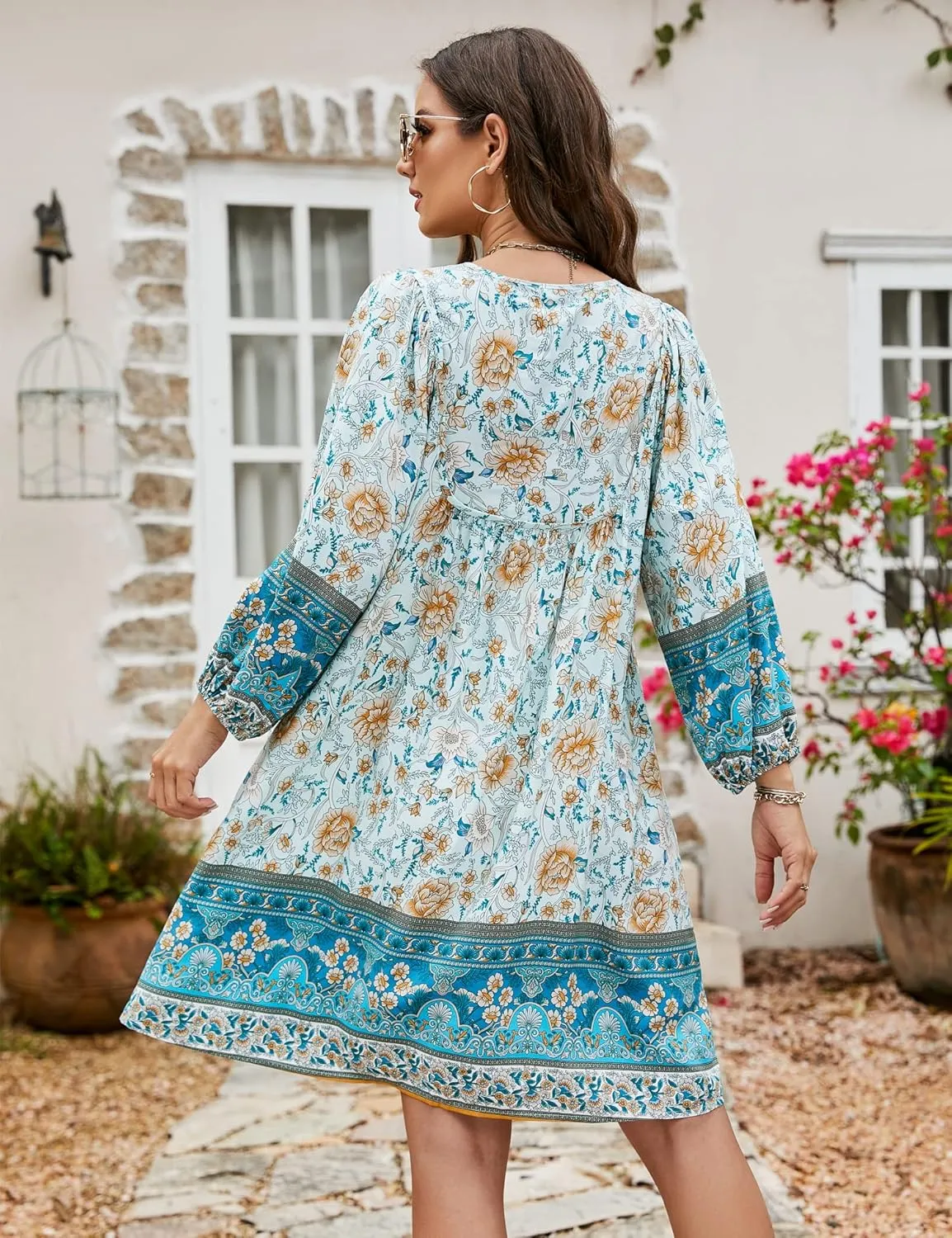Bluetime Women Casual Summer Dress Boho V Neck 3/4 Sleeve Babydoll Floral Print Flowy Beach Dress