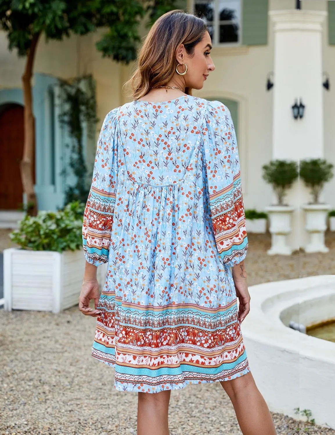Bluetime Women Casual Summer Dress Boho V Neck 3/4 Sleeve Babydoll Floral Print Flowy Beach Dress