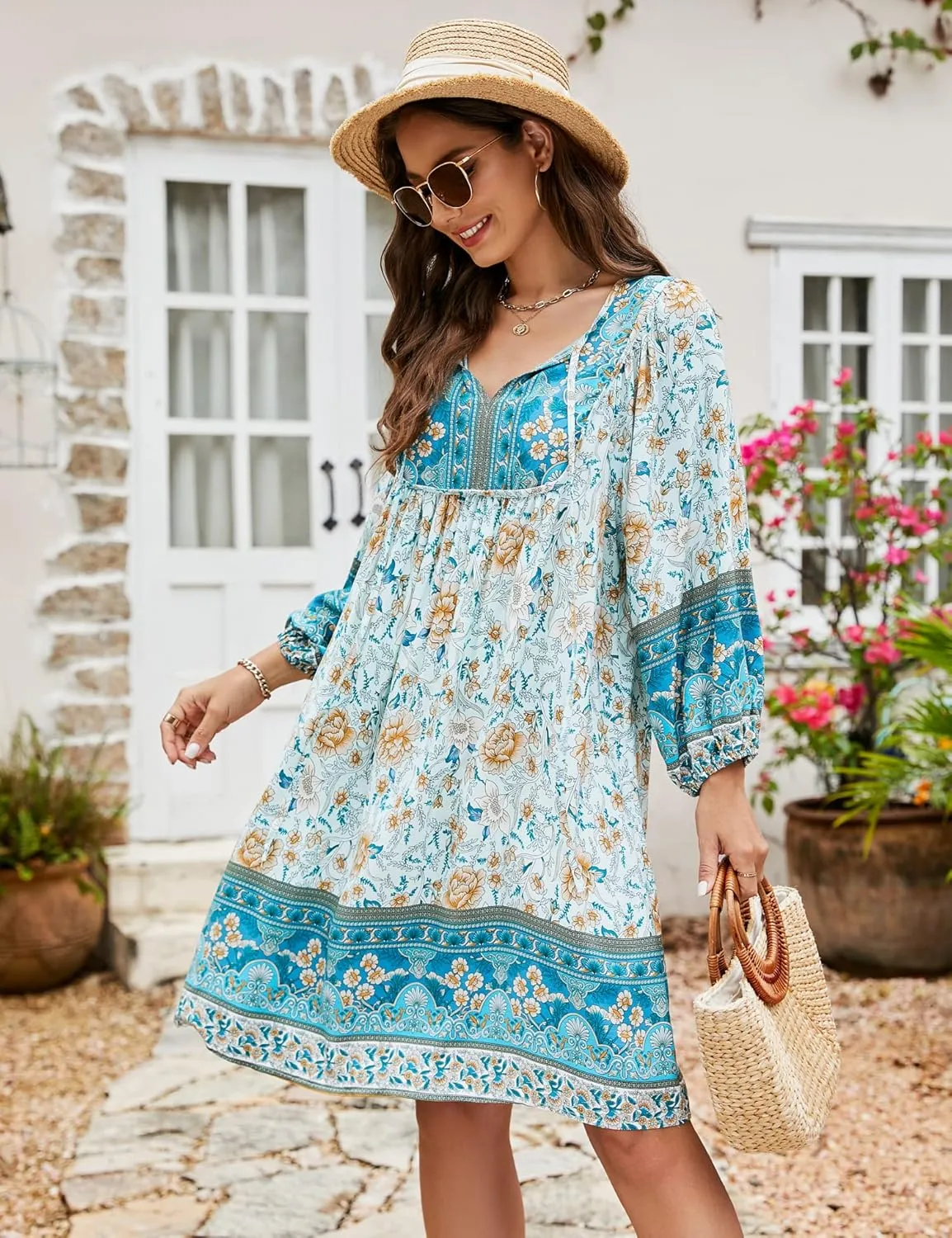 Bluetime Women Casual Summer Dress Boho V Neck 3/4 Sleeve Babydoll Floral Print Flowy Beach Dress