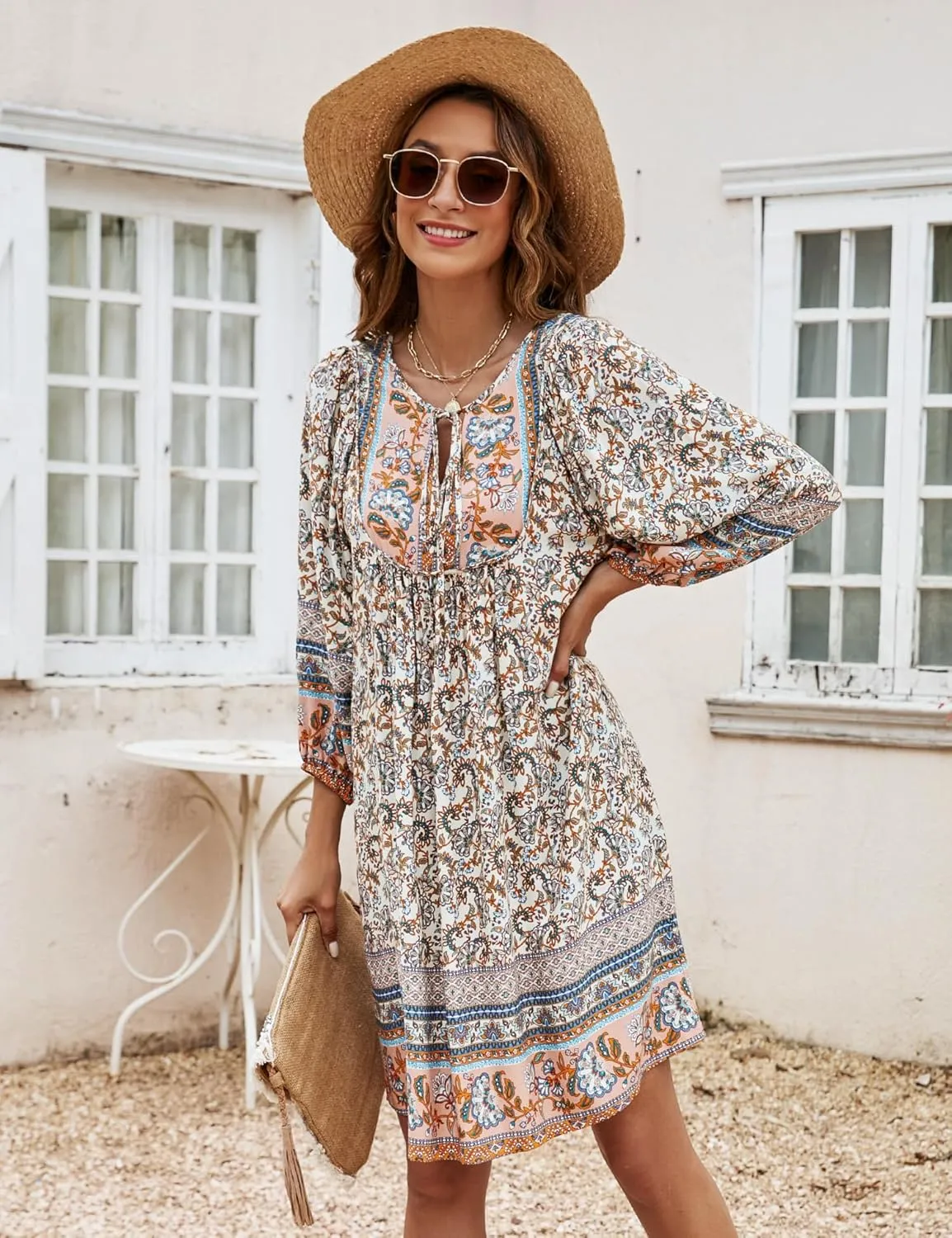Bluetime Women Casual Summer Dress Boho V Neck 3/4 Sleeve Babydoll Floral Print Flowy Beach Dress