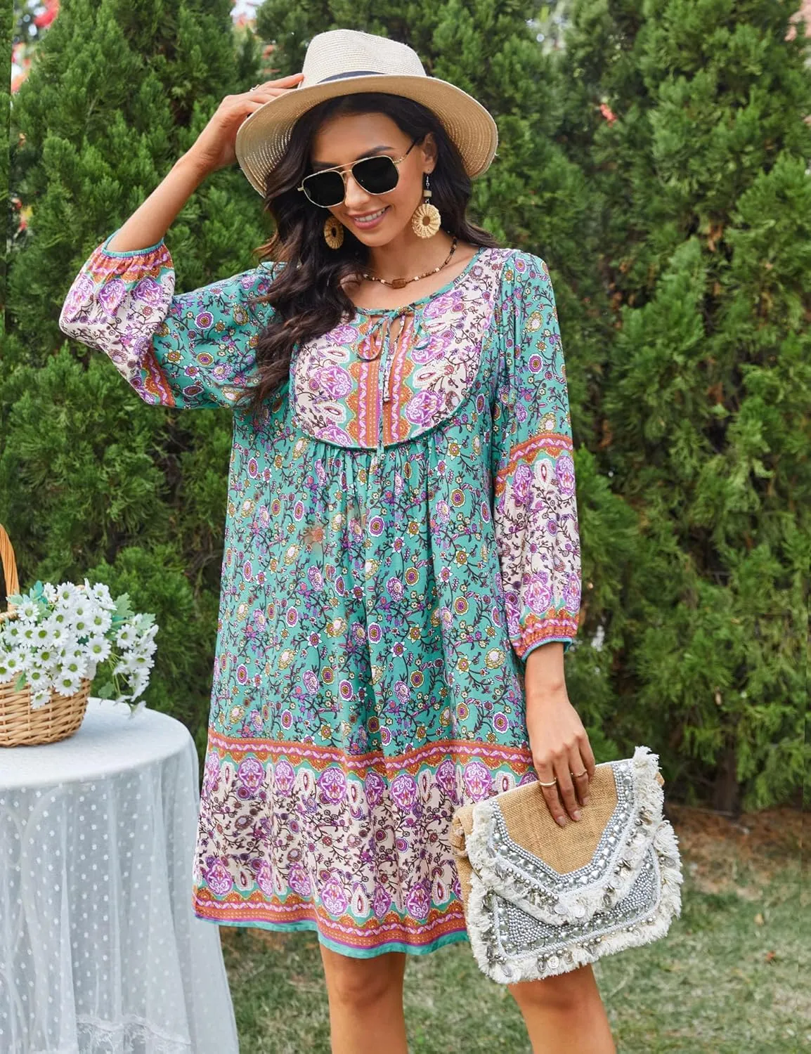 Bluetime Women Casual Summer Dress Boho V Neck 3/4 Sleeve Babydoll Floral Print Flowy Beach Dress