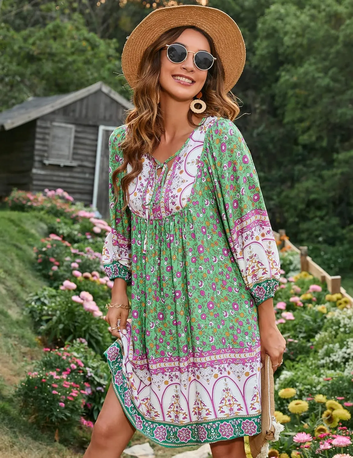 Bluetime Women Casual Summer Dress Boho V Neck 3/4 Sleeve Babydoll Floral Print Flowy Beach Dress