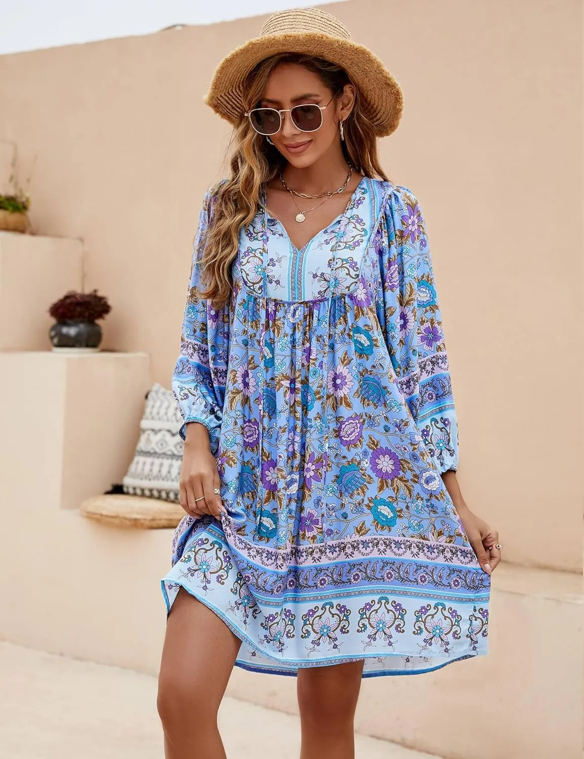 Bluetime Women Casual Summer Dress Boho V Neck 3/4 Sleeve Babydoll Floral Print Flowy Beach Dress