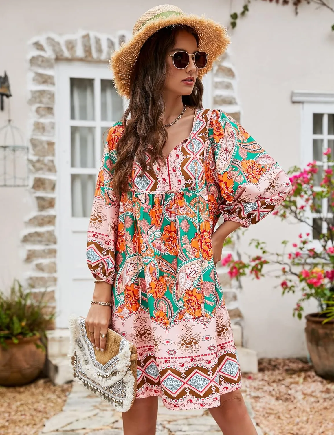 Bluetime Women Casual Summer Dress Boho V Neck 3/4 Sleeve Babydoll Floral Print Flowy Beach Dress