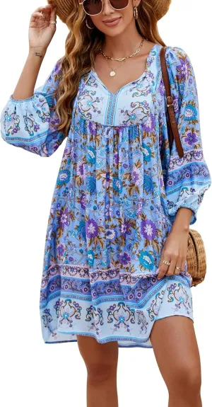 Bluetime Women Casual Summer Dress Boho V Neck 3/4 Sleeve Babydoll Floral Print Flowy Beach Dress