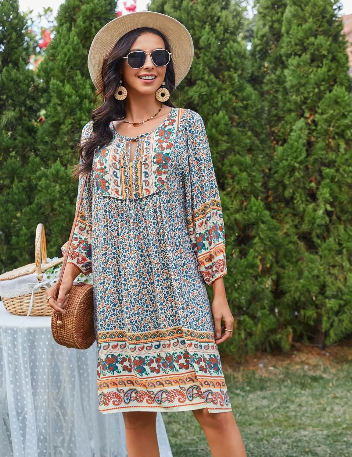 Bluetime Women Casual Summer Dress Boho V Neck 3/4 Sleeve Babydoll Floral Print Flowy Beach Dress