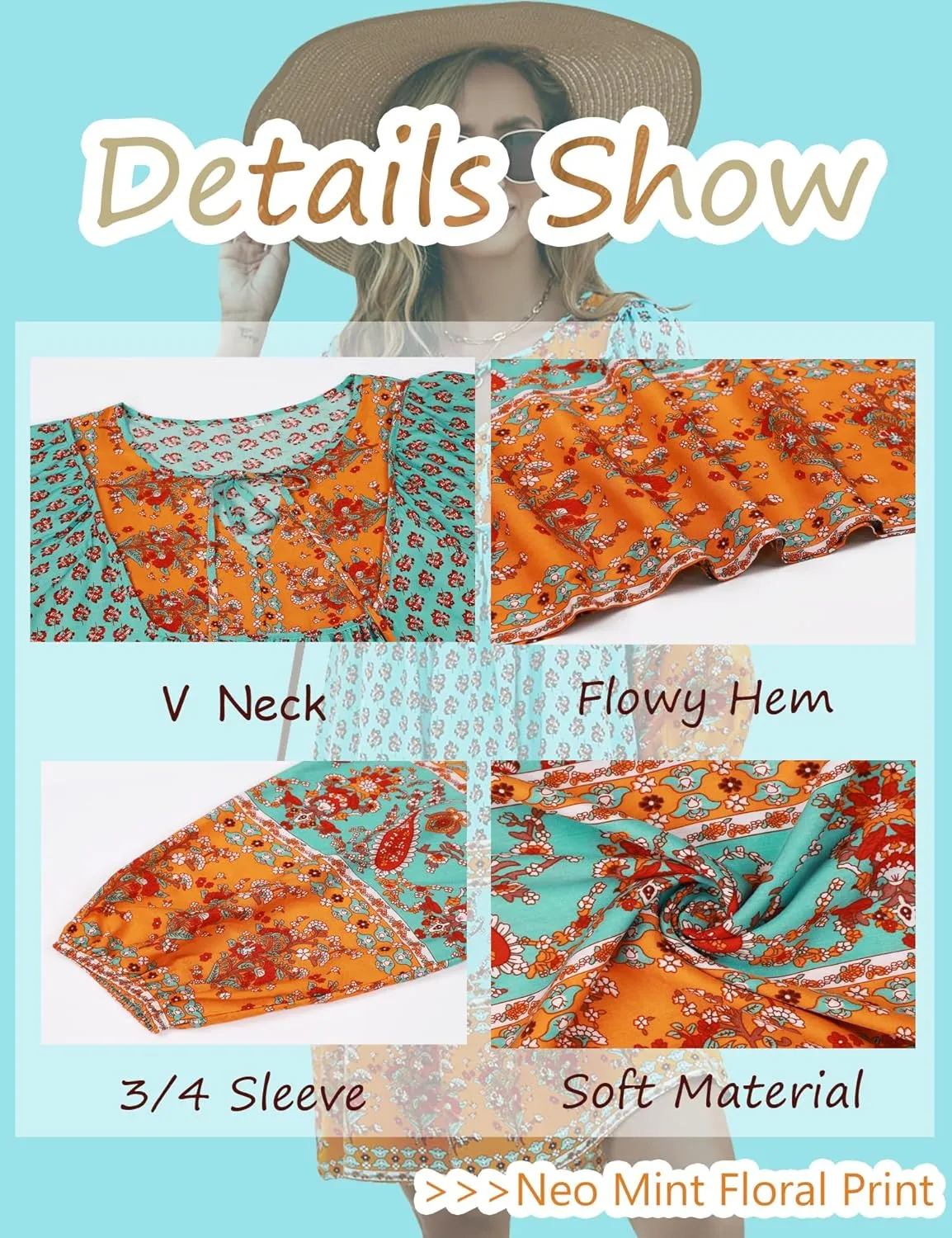 Bluetime Women Casual Summer Dress Boho V Neck 3/4 Sleeve Babydoll Floral Print Flowy Beach Dress