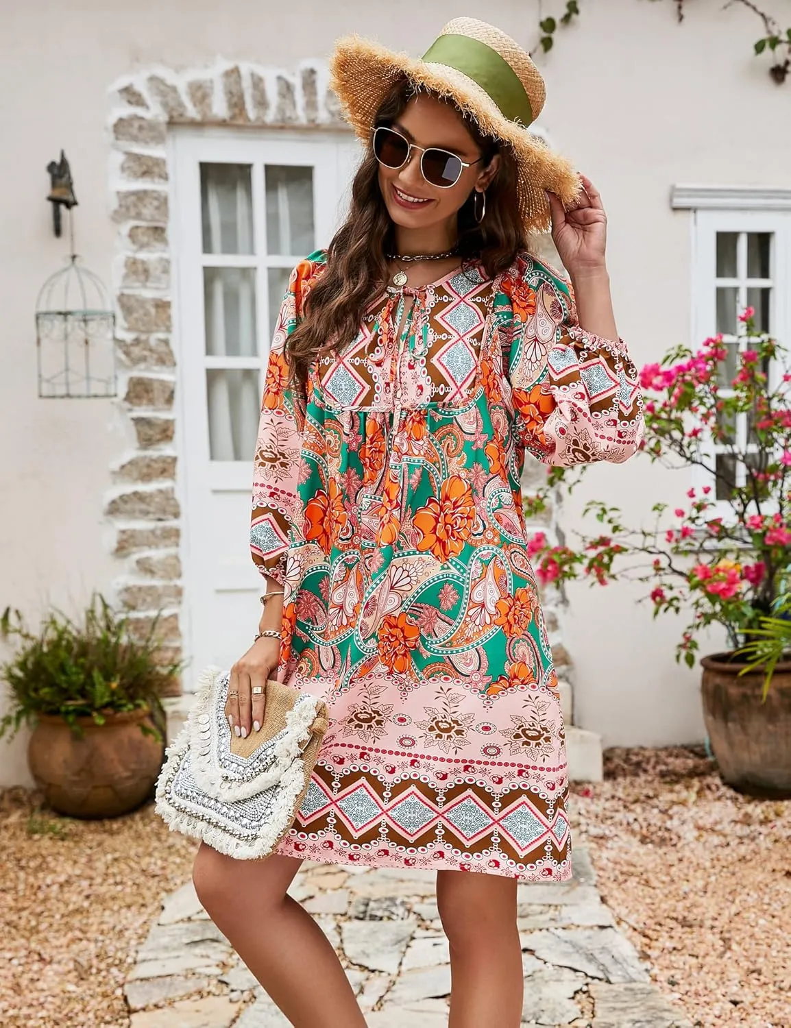 Bluetime Women Casual Summer Dress Boho V Neck 3/4 Sleeve Babydoll Floral Print Flowy Beach Dress