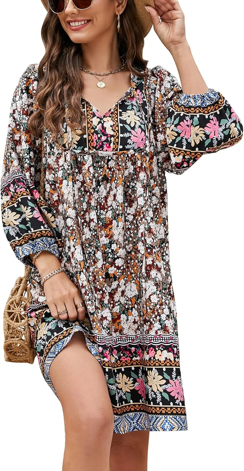 Bluetime Women Casual Summer Dress Boho V Neck 3/4 Sleeve Babydoll Floral Print Flowy Beach Dress