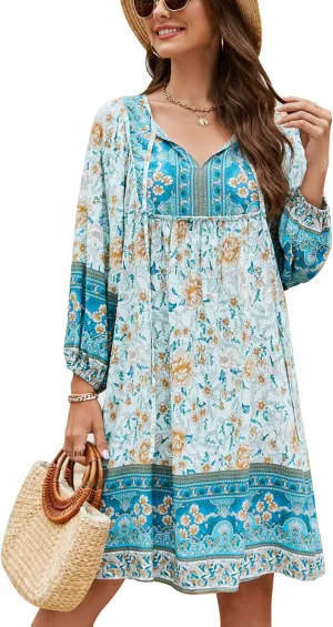 Bluetime Women Casual Summer Dress Boho V Neck 3/4 Sleeve Babydoll Floral Print Flowy Beach Dress