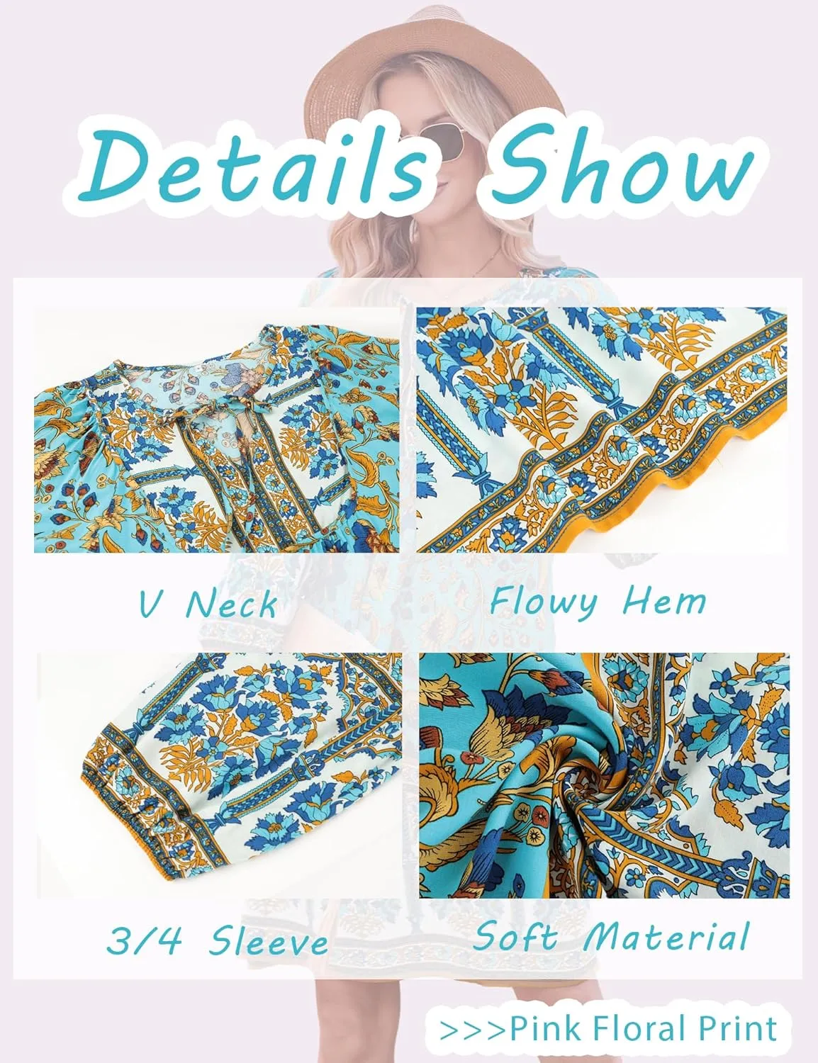 Bluetime Women Casual Summer Dress Boho V Neck 3/4 Sleeve Babydoll Floral Print Flowy Beach Dress