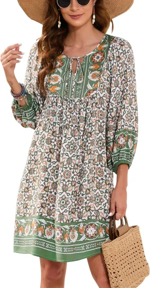 Bluetime Women Casual Summer Dress Boho V Neck 3/4 Sleeve Babydoll Floral Print Flowy Beach Dress