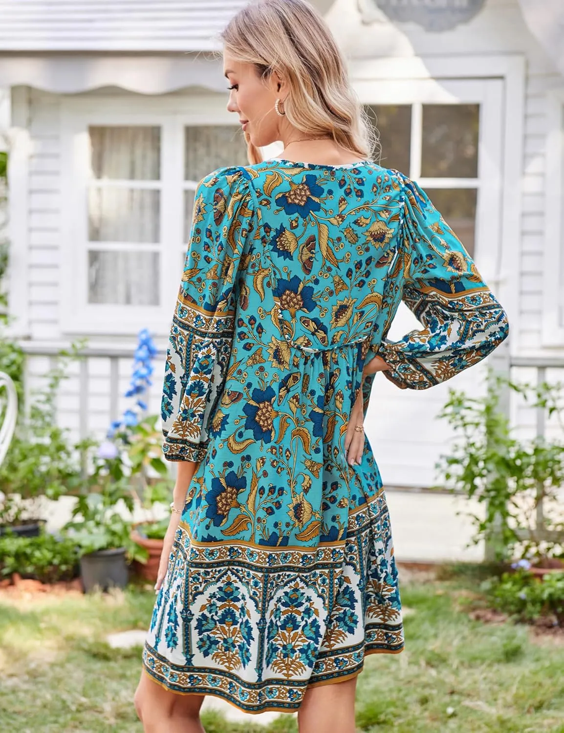 Bluetime Women Casual Summer Dress Boho V Neck 3/4 Sleeve Babydoll Floral Print Flowy Beach Dress