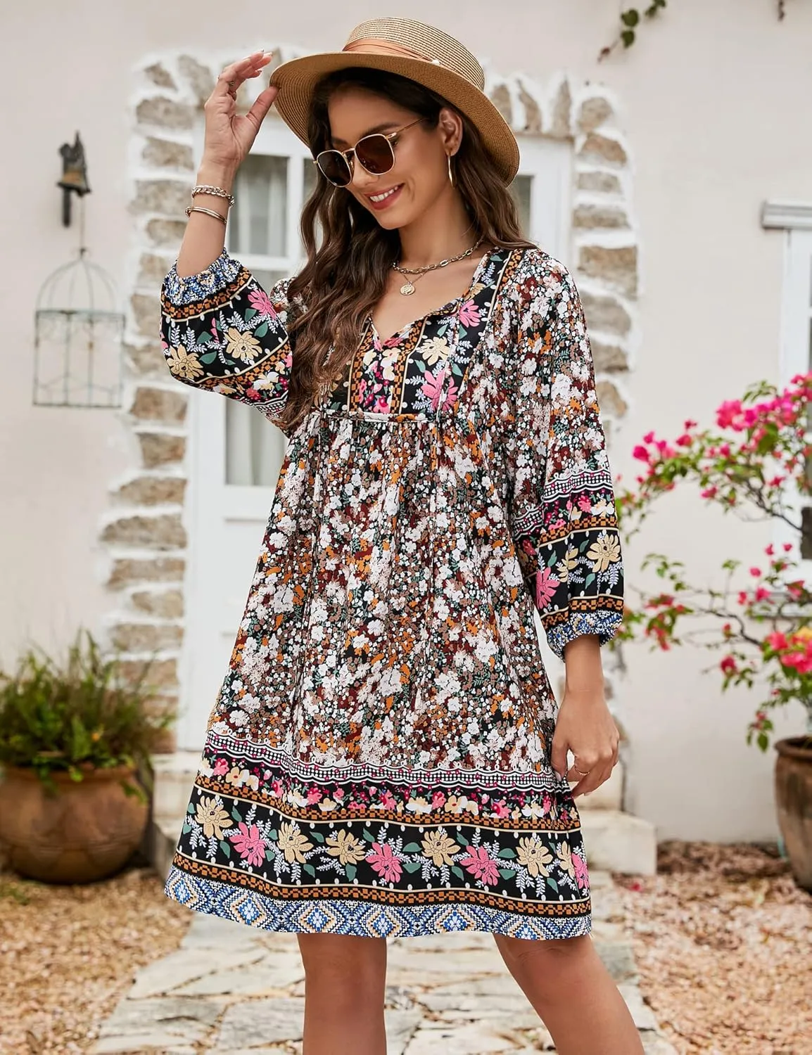 Bluetime Women Casual Summer Dress Boho V Neck 3/4 Sleeve Babydoll Floral Print Flowy Beach Dress