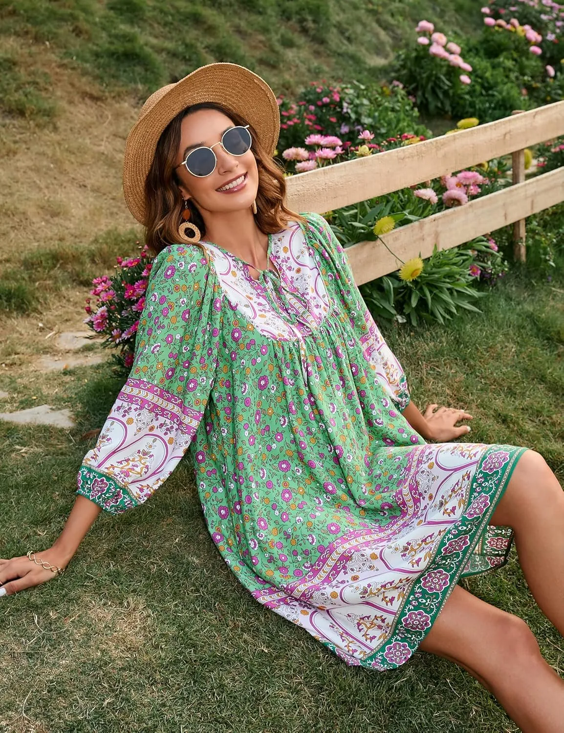 Bluetime Women Casual Summer Dress Boho V Neck 3/4 Sleeve Babydoll Floral Print Flowy Beach Dress