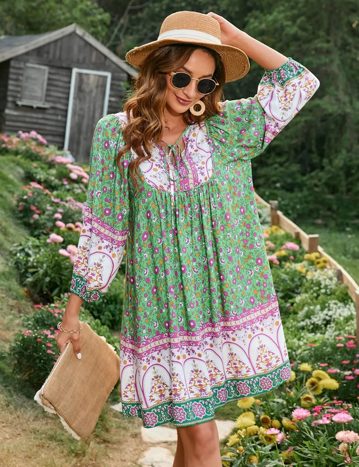Bluetime Women Casual Summer Dress Boho V Neck 3/4 Sleeve Babydoll Floral Print Flowy Beach Dress
