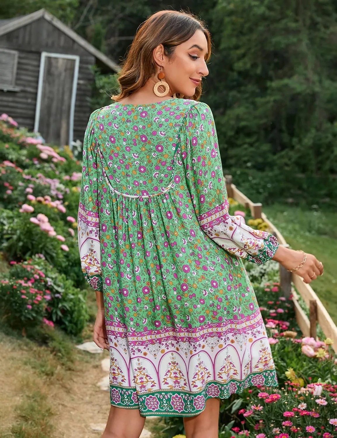 Bluetime Women Casual Summer Dress Boho V Neck 3/4 Sleeve Babydoll Floral Print Flowy Beach Dress