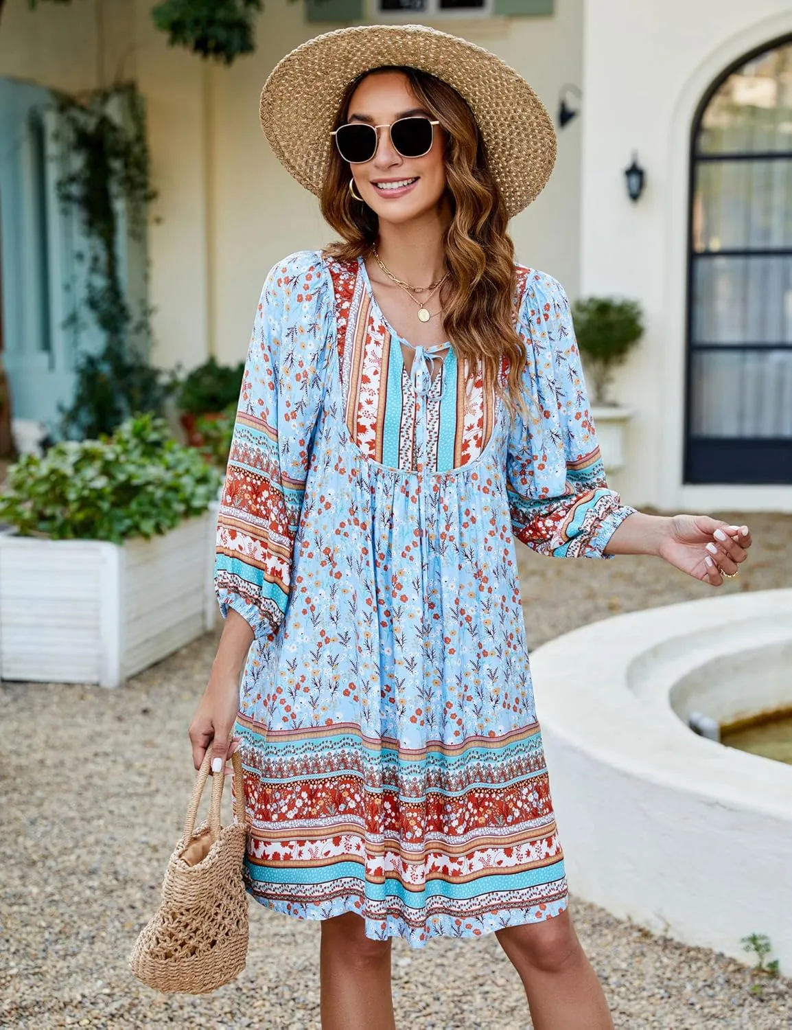 Bluetime Women Casual Summer Dress Boho V Neck 3/4 Sleeve Babydoll Floral Print Flowy Beach Dress