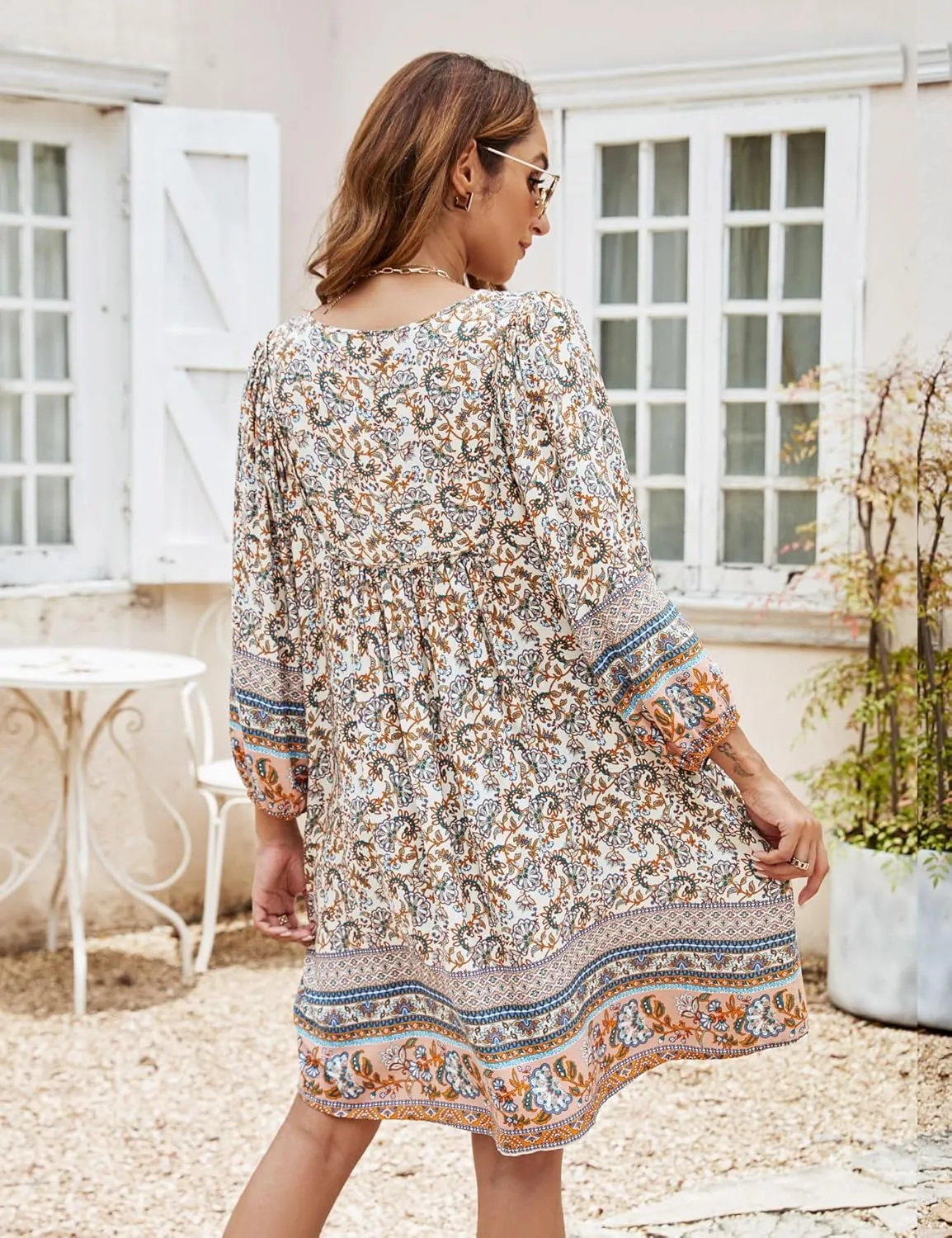 Bluetime Women Casual Summer Dress Boho V Neck 3/4 Sleeve Babydoll Floral Print Flowy Beach Dress