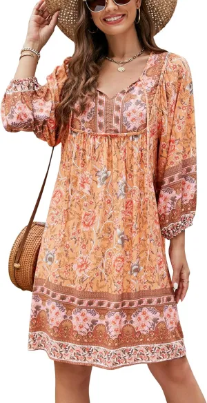 Bluetime Women Casual Summer Dress Boho V Neck 3/4 Sleeve Babydoll Floral Print Flowy Beach Dress