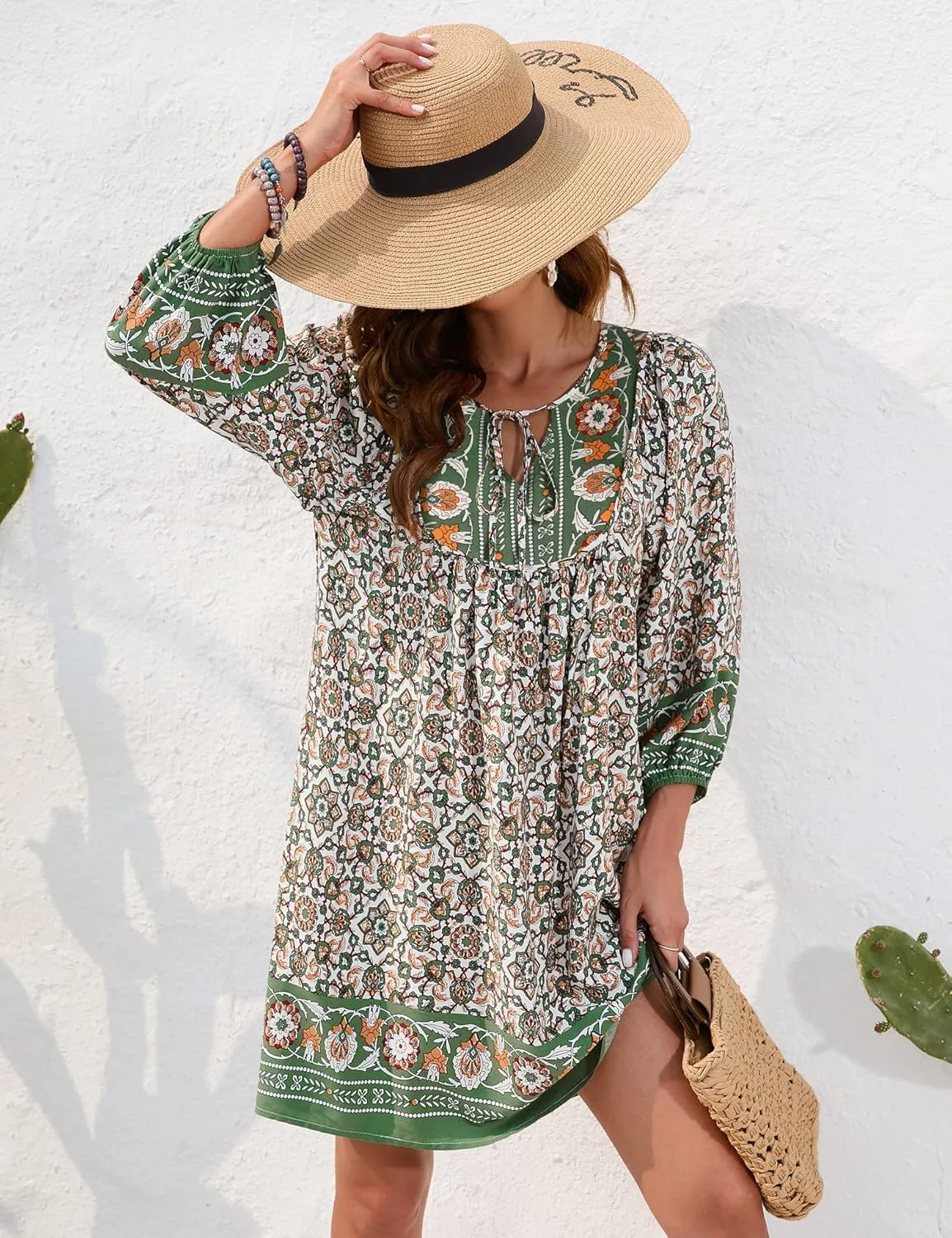 Bluetime Women Casual Summer Dress Boho V Neck 3/4 Sleeve Babydoll Floral Print Flowy Beach Dress