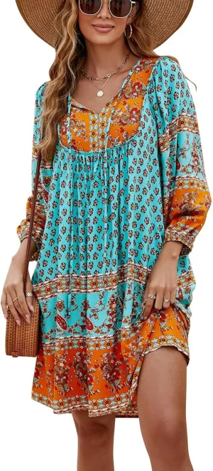 Bluetime Women Casual Summer Dress Boho V Neck 3/4 Sleeve Babydoll Floral Print Flowy Beach Dress