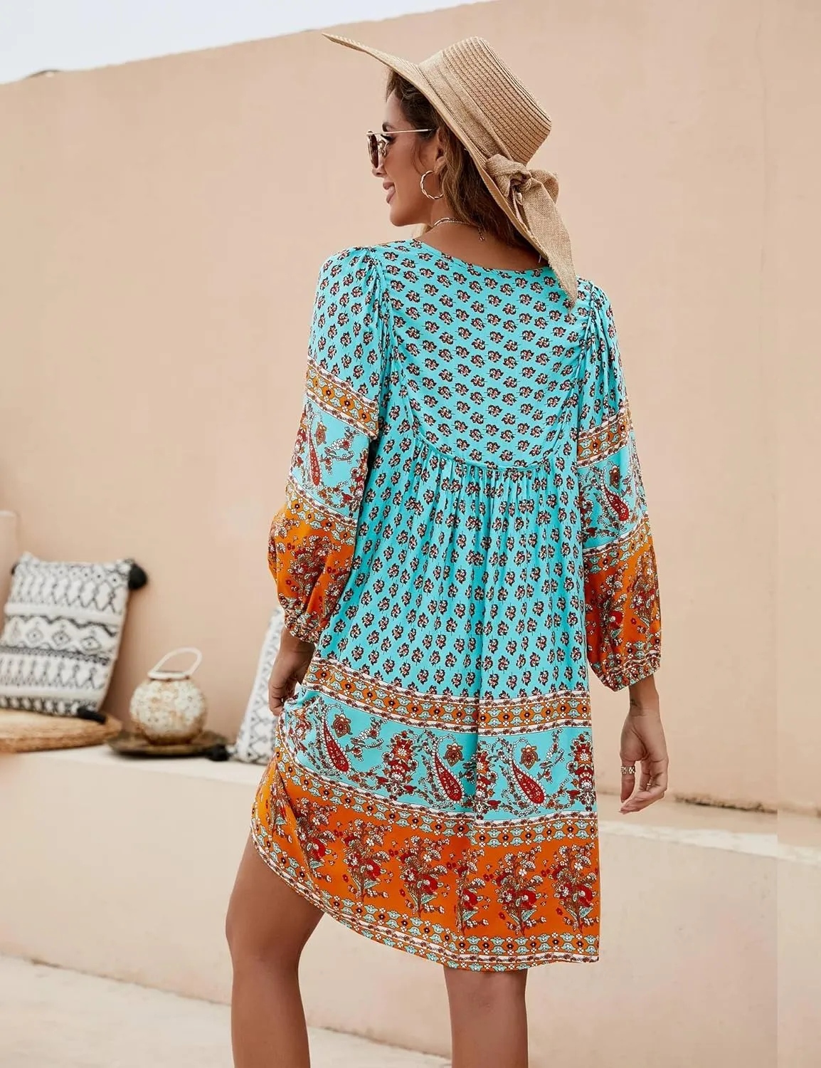 Bluetime Women Casual Summer Dress Boho V Neck 3/4 Sleeve Babydoll Floral Print Flowy Beach Dress