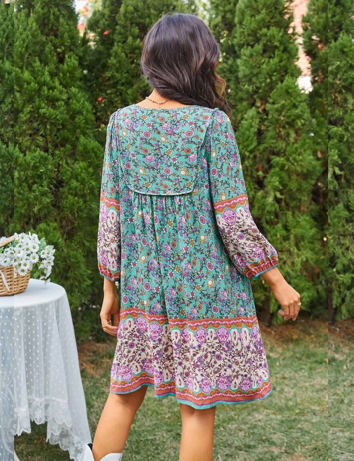 Bluetime Women Casual Summer Dress Boho V Neck 3/4 Sleeve Babydoll Floral Print Flowy Beach Dress