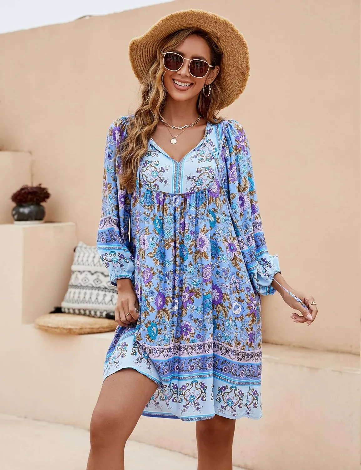 Bluetime Women Casual Summer Dress Boho V Neck 3/4 Sleeve Babydoll Floral Print Flowy Beach Dress