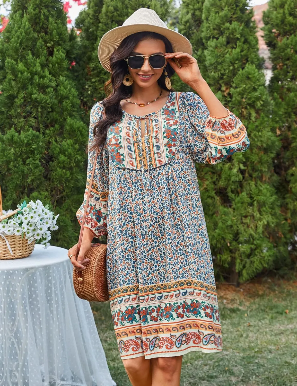 Bluetime Women Casual Summer Dress Boho V Neck 3/4 Sleeve Babydoll Floral Print Flowy Beach Dress