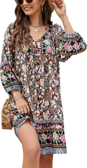 Bluetime Women Casual Summer Dress Boho V Neck 3/4 Sleeve Babydoll Floral Print Flowy Beach Dress