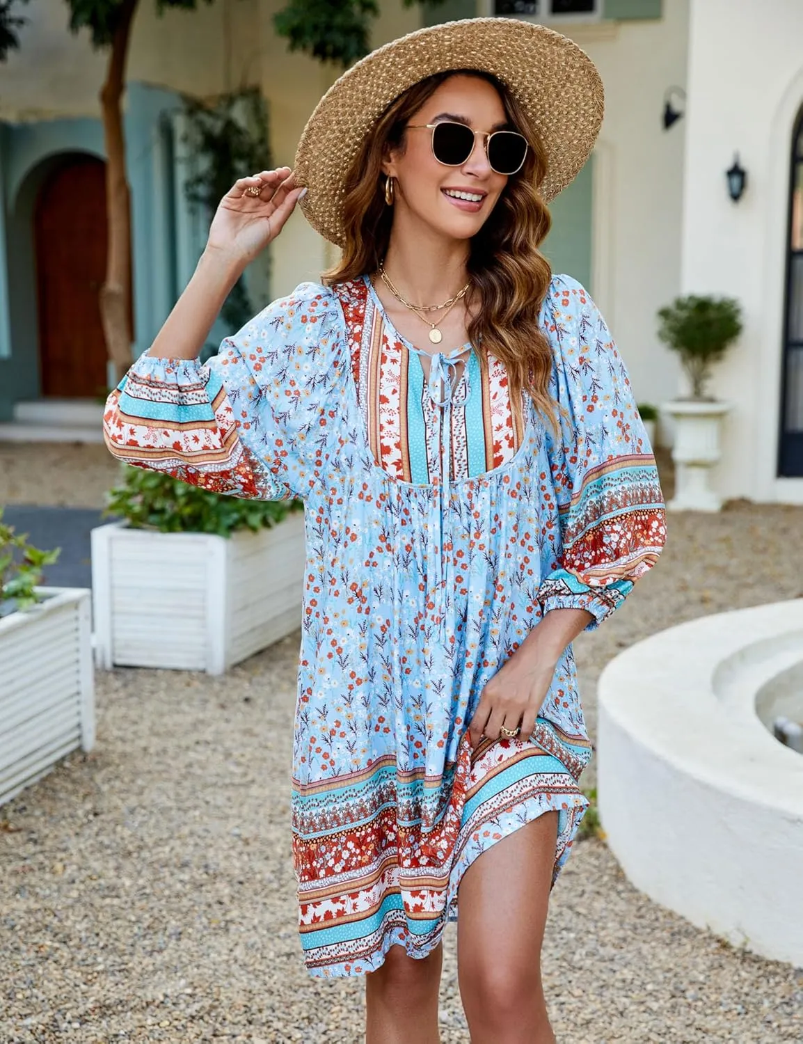 Bluetime Women Casual Summer Dress Boho V Neck 3/4 Sleeve Babydoll Floral Print Flowy Beach Dress
