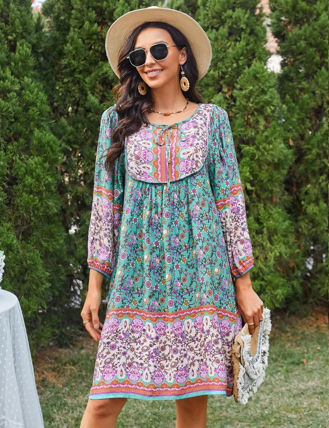 Bluetime Women Casual Summer Dress Boho V Neck 3/4 Sleeve Babydoll Floral Print Flowy Beach Dress