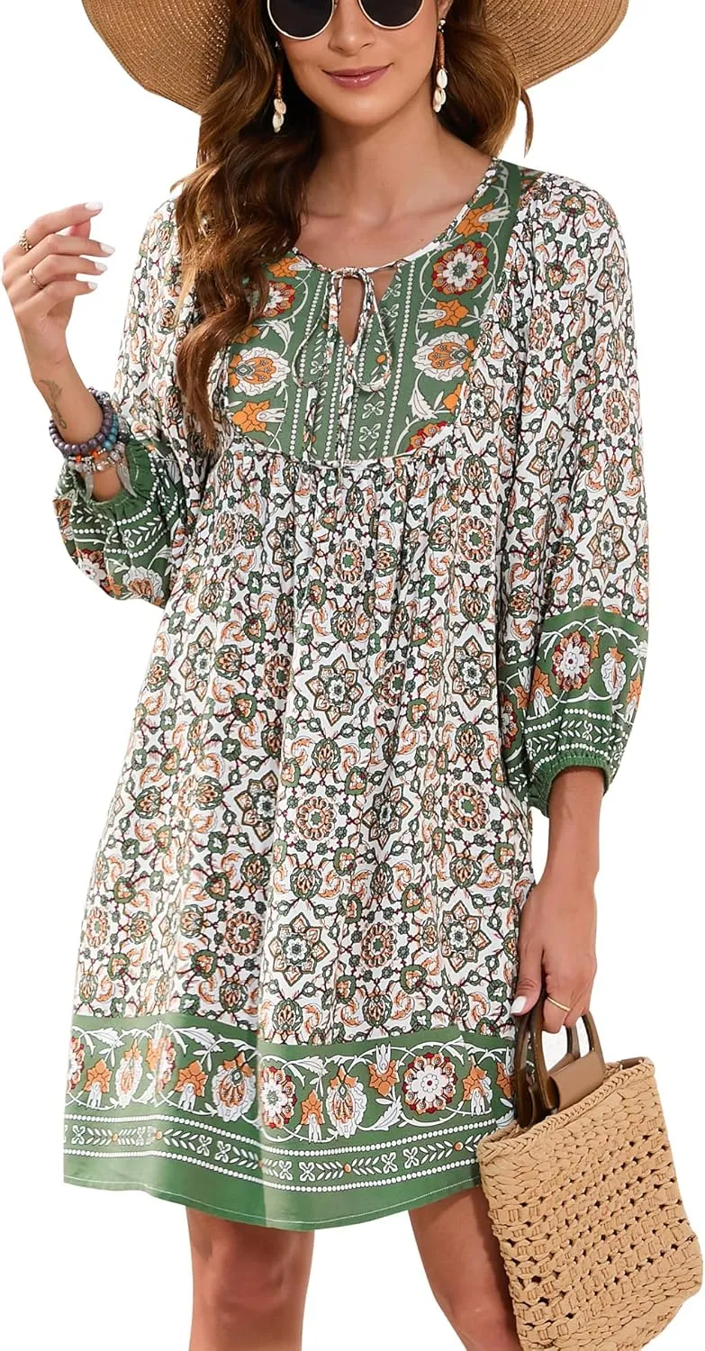 Bluetime Women Casual Summer Dress Boho V Neck 3/4 Sleeve Babydoll Floral Print Flowy Beach Dress