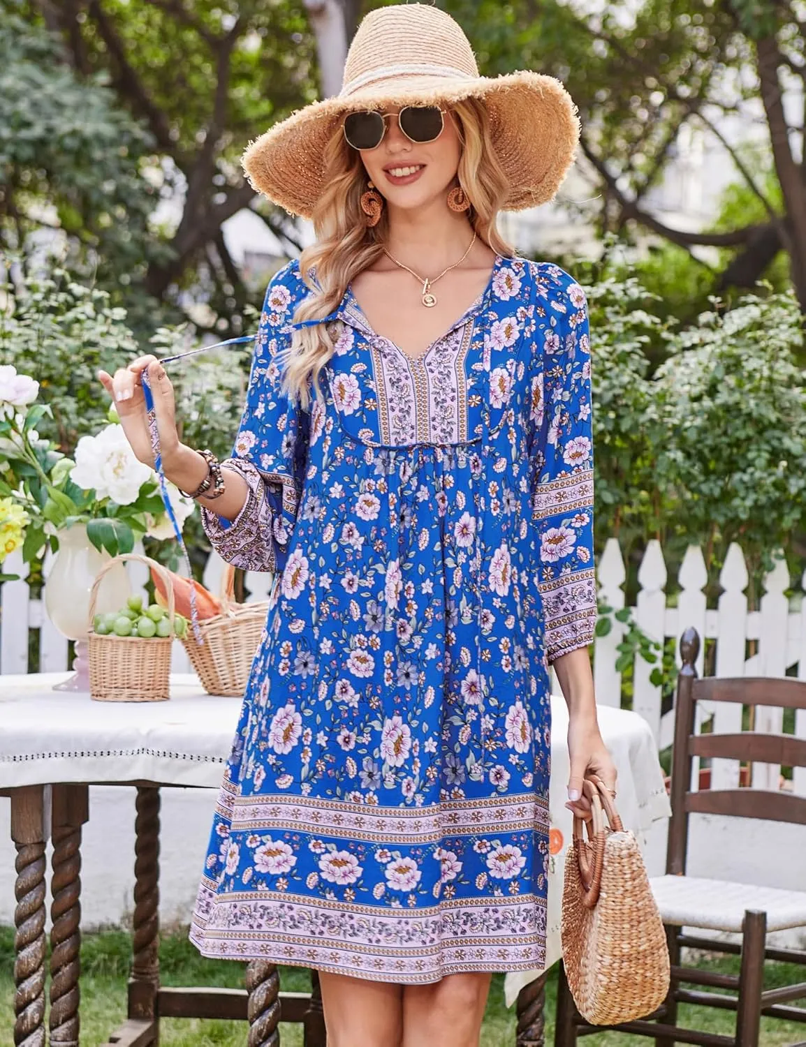 Bluetime Women Casual Summer Dress Boho V Neck 3/4 Sleeve Babydoll Floral Print Flowy Beach Dress