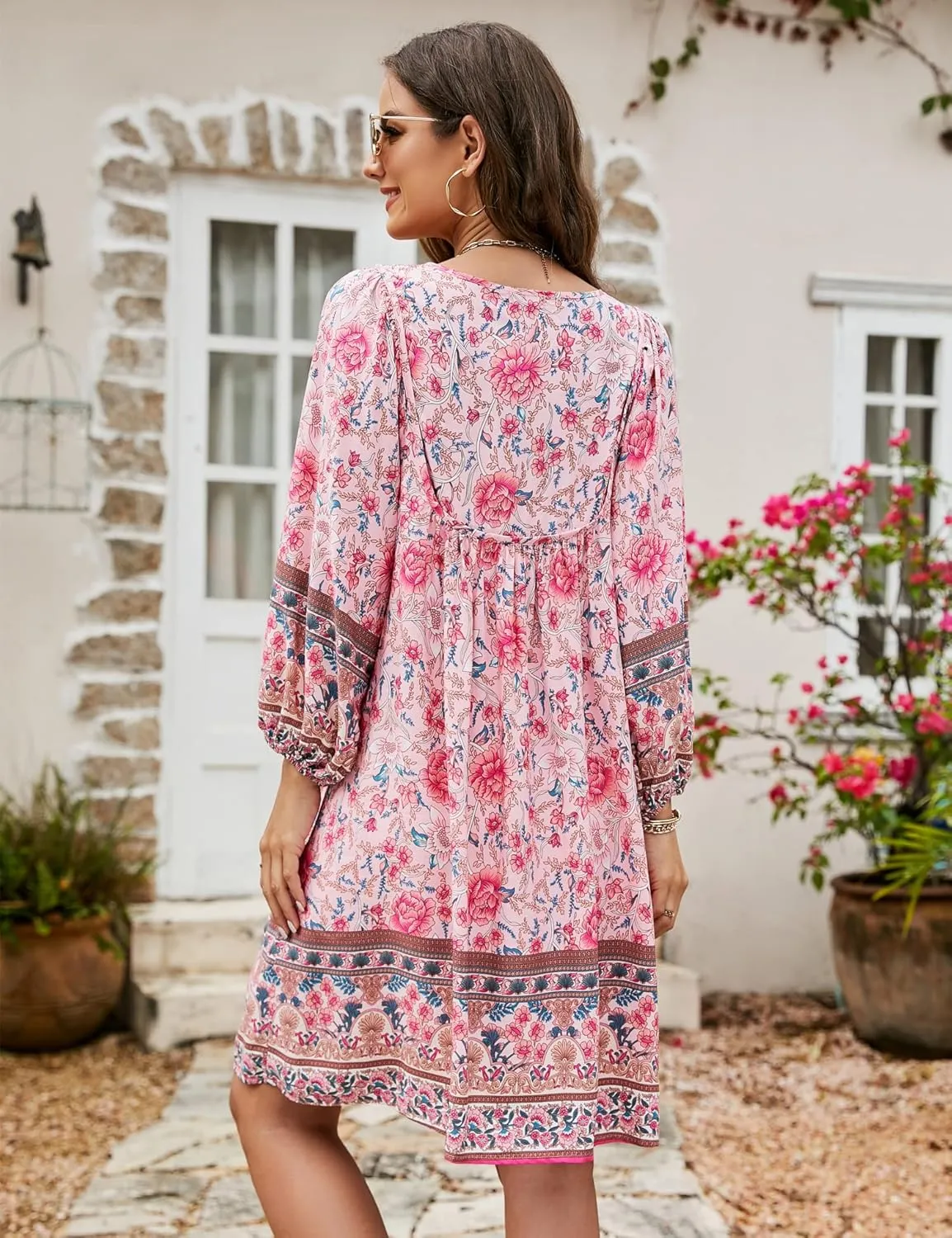 Bluetime Women Casual Summer Dress Boho V Neck 3/4 Sleeve Babydoll Floral Print Flowy Beach Dress